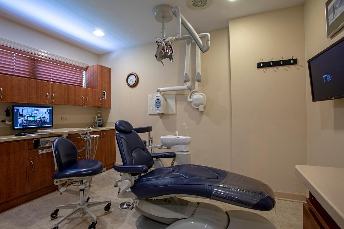 dental chair in treatment room at randolph dental associates